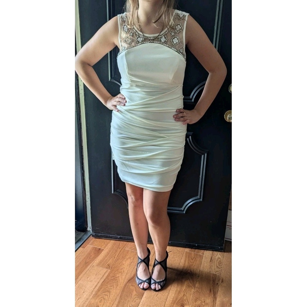 City Triangles Mini Dress Ivory Beaded Ruched Bodycon Sz M Bridal HOCO Glam